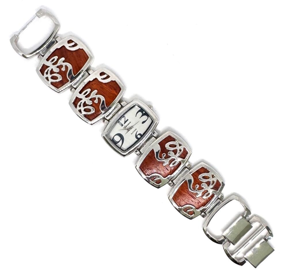 Vtg, New Geneva Platium Silver Plated and Wood Ladies Watch Band Item #1034